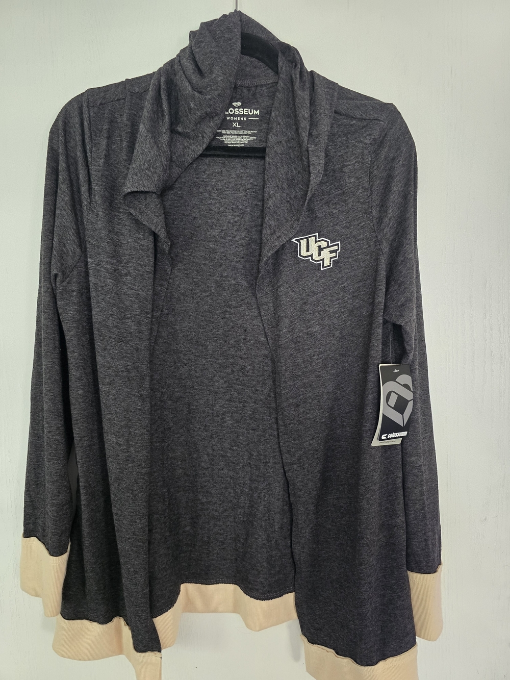 Colosseum Women's Charcoal Gray Open-Front Cardigan with Cream Trim and UCF Logo